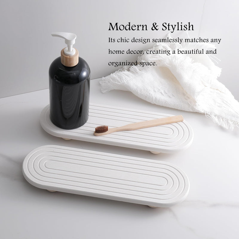 2PCS Water Absorbing Stone Tray for Sink, Quick Drying Diatomite Bathroom Tray Countertop, Stone Drying Mat for Kitchen Counter Faucet, Soap Dish Dispenser Vanity Organizer, White-11.8" x 4" White3