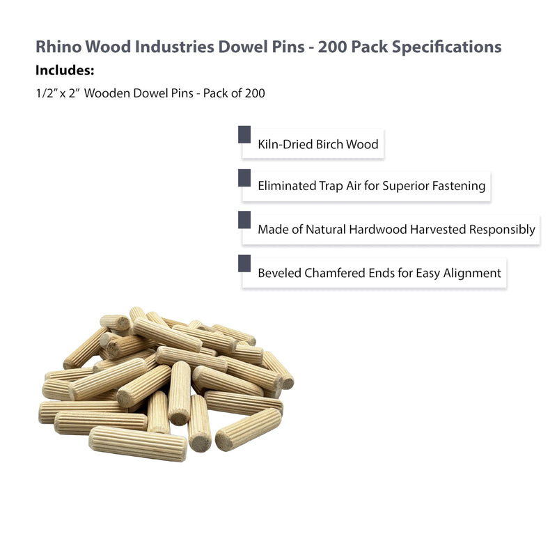 1/2" x 2" Wooden Dowel Pins, 200-Pack – Birch Hardwood, Kiln-Dried, Fluted & Beveled (1/2" x 2", 200pk) 1/2" x 2"