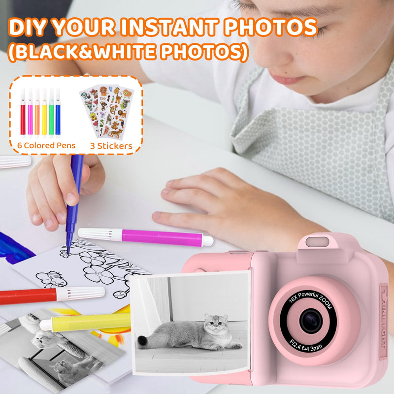 Kids Camera Instant Print,Kids Digital Camera 1080P HD Dual-Lens Selfie,Instant Print Camera with 5 Rolls Paper & 32GB Card,Toddler Camera Christmas Birthday Gifts for Girls Age 3-12(Pink) Pink