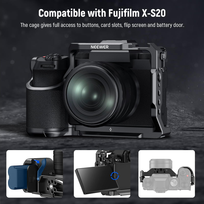 NEEWER X-S20 Camera Cage, Full Access Protective Metal Video Rig with Grip, NATO Rail, 3/8" ARRI, Cold Shoe, Anti Twist Arca Type Base Compatible with Fujifilm X-S20 DJI RS2 RSC2 RS3 Pro Gimbal, CA043