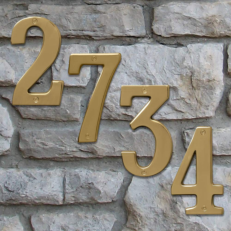 Hy-Ko 5" High Premium Metal House Number, Modern Raised Numbers for Exterior House, Durable Convenient Marking for Home Address with Included Mounting Hardware for Simple Installation Polished Brass 5 Inch 2 (TWO)