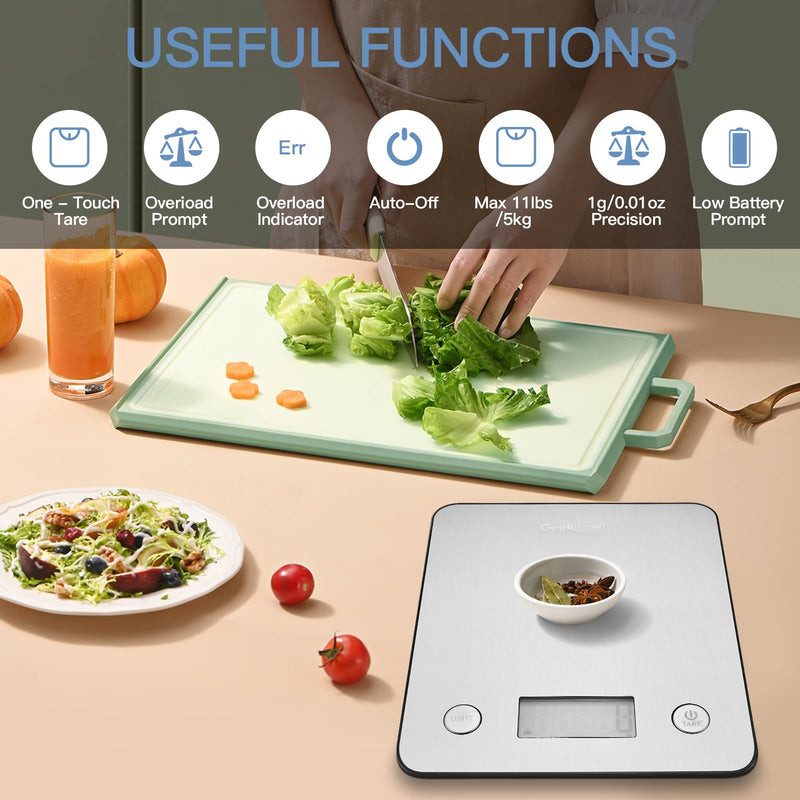 Geek Chef Food Scale,Smart Food Nutrition Scale, Scale for Food Weight Loss,Digital Kitchen Scales,Kitchen Tools for Baking, Cooking,Meal Prep,Weight Loss,1g/0.1oz Precise Graduation, Stainless Steel Silver