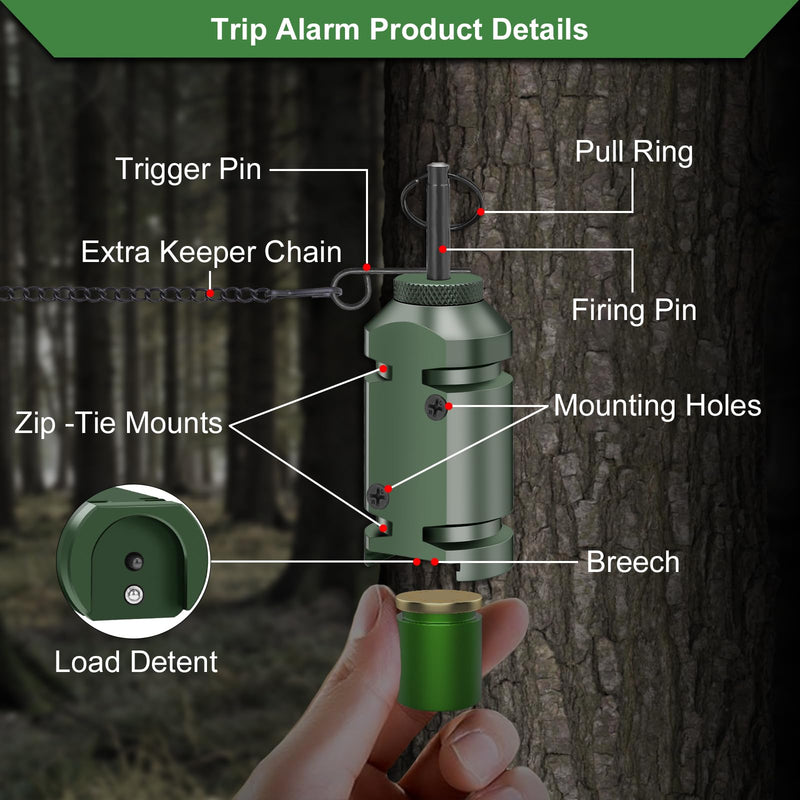 Perimeter Trip Alarm,Trip Alarm,12 Gauge Camping Trip Wire Alarm Device with 4pcs Screws,Early Warning Security System for Outdoor and Property Safety/Bear Deterrent -Dark Green (Adapter Not Included 2pc-Dark Green