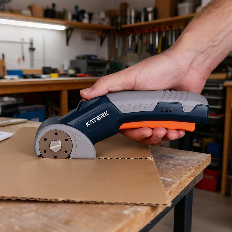 Electric Box Cutter, Katerk Cordless Electric Scissors with Safety Lock & LED Light, Cardboard Cutter, Ambidextrous Use, Rotary Cutter for Fabric, Leather, Plastic, Crafting Dark Blue