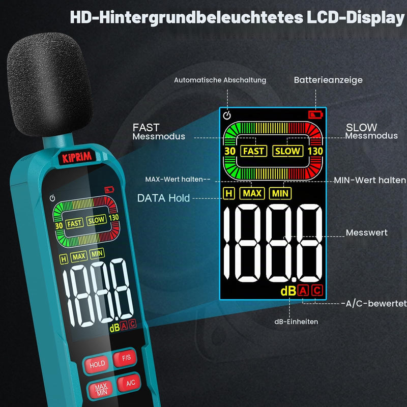 Kiprim NM01 Digital Decibel Sound Level Meter | Max/Min Value Recording, A/C Weighting, Backlit LCD, Carry Case Included