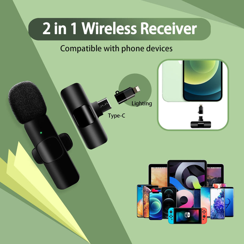 2-in-1 Wireless Lavalier Microphone for iPhone/Android/Camera/USB-C – Noise Cancelling Lapel Mic, 7-Hour Mini Clip-On Battery, for Vlogging, YouTube, TikTok, Live Streaming & Video Recording