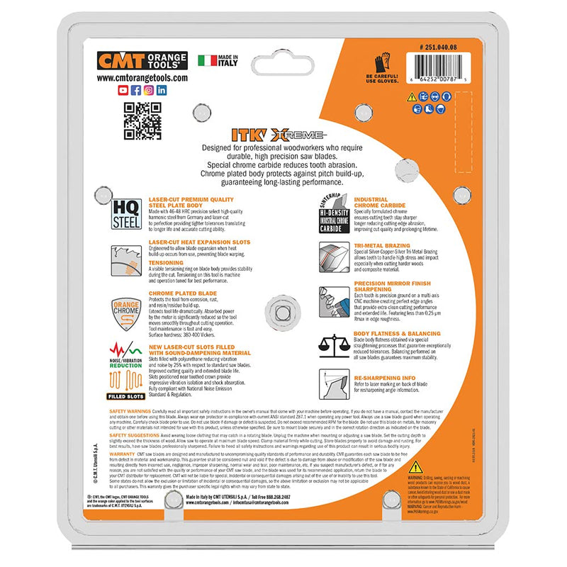 CMT Orange Tools 251.040.08- ITK Fine Finishing Saw Blade D=8-8-1/4 B=5/8 ß=ATB 15 K=0.094 P=0.064 a=10