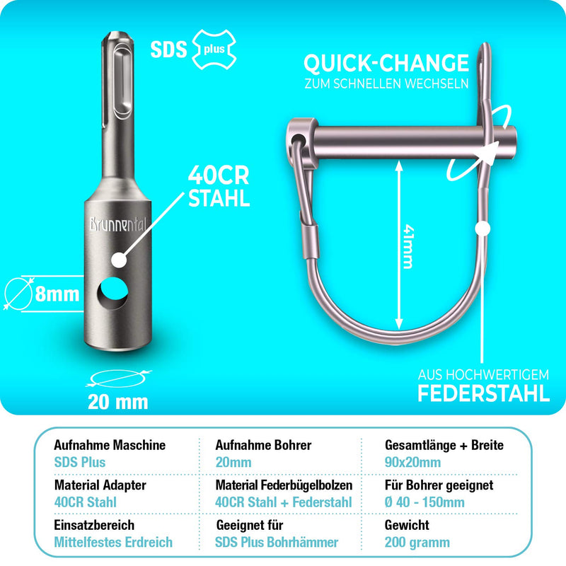 BRUNNENTAL ® SDS PLUS earth drill adapter + quick change bolt for hand drill - use your hammer drill as a well drill - earth hole drill adapter for drills with Ø 40 60 80 100 120 150 mm SDS Plus earth drill adapter + quick change