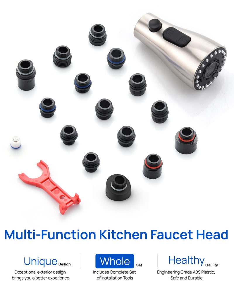 Metal Kitchen Faucet Head Replacement – 3 Mode High-Pressure Sink Sprayer Replacement with 15 Nozzle Adapters, Durable Pull Down Spray Head for Kitchen Sink (Stream/Spray/Blade), Stainless Steel Brushed Nickel