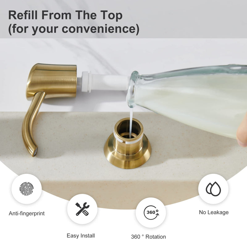 GAGALIFE Built in Sink Soap Dispenser or Lotion Dispenser for Kitchen Sink, Brushed Gold ABS Pump Head, with 17 Ounce Large PET Soap Bottle Gold Brushed