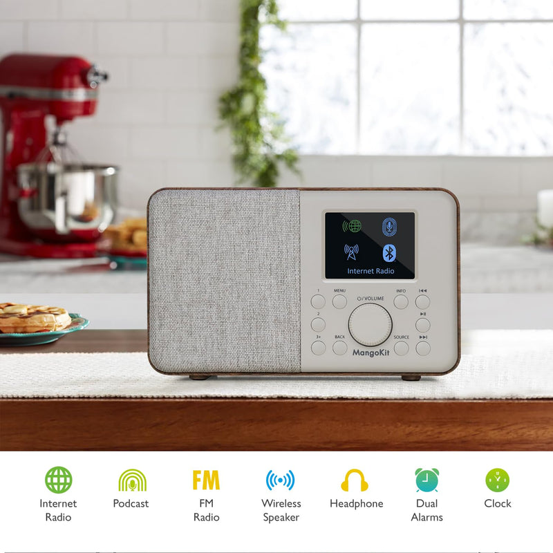 SR10 Internet Radio,WiFi Radio,Podcast Player, Bluetooth Speaker, Smart Radio, Portable FM Radio, Mains and Battery Powered Radio, Color Display,Dual Alarms, Presets,App Control-Walnut Walnut Mono