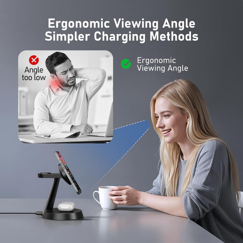 3 in 1 Wireless Charging Station for Apple, Charger Stand for Multiple Apple Devices, Wireless Charging Station for iPhone 16/15/14/13/12 Series, Wireless Charger for AirPods, iWatch Series (Black) Black