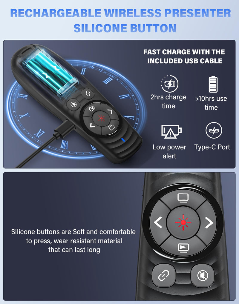 Presentation Clicker Wireless, 2-in-1 USB/Type C Rechargeable Presenter Remote Control for PowerPoint, PPT Clicker Red Laser Pointer, Slide Advancer RF2.4GHz (Red Light, USB C Rechargeable) Red Light Usb C Cable Rechargeable