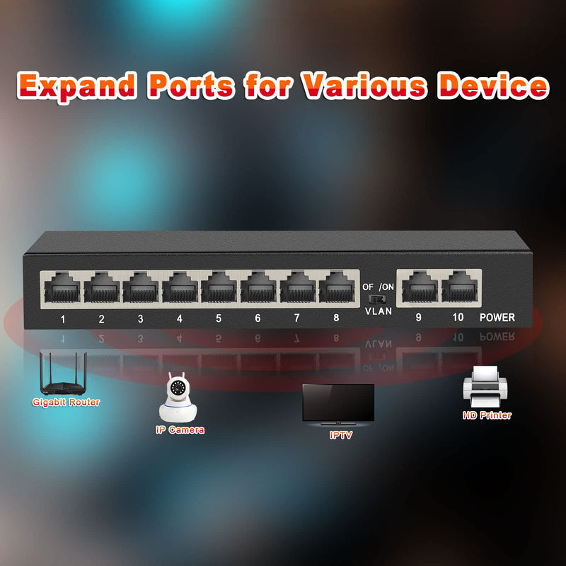 10 Ports Gigabit Ethernet Switch Unmanaged, 8 Gigabit Ports+2 Gigabit Uplink Port, Network Switch,Ethernet Splitter| Plug & Play| Fanless Metal Design| Shielded Ports| Traffic Optimization 10 Ports|8 Ports Gigabit+2xUPLINK Ports