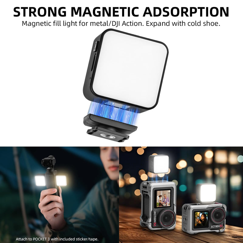 Pocket 3 Magnetic Fill Light Accessories, 6500K Adjustable Video Light with Quick - Release Cold Shoe Base, Compatible with DJI Osmo Action 5 Pro/4/3 Camera Cage Attachment, Black