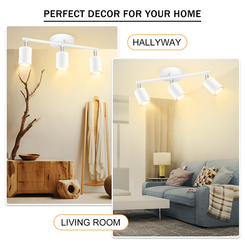 BoostArea LED 3 Light Track Lighting Kit, White 3 Way Ceiling Spot Lighting, Flexibly Rotatable Light Head for Kitchen, Living Room, Bedroom, GU10 Bulb Not Included 3 Light-white
