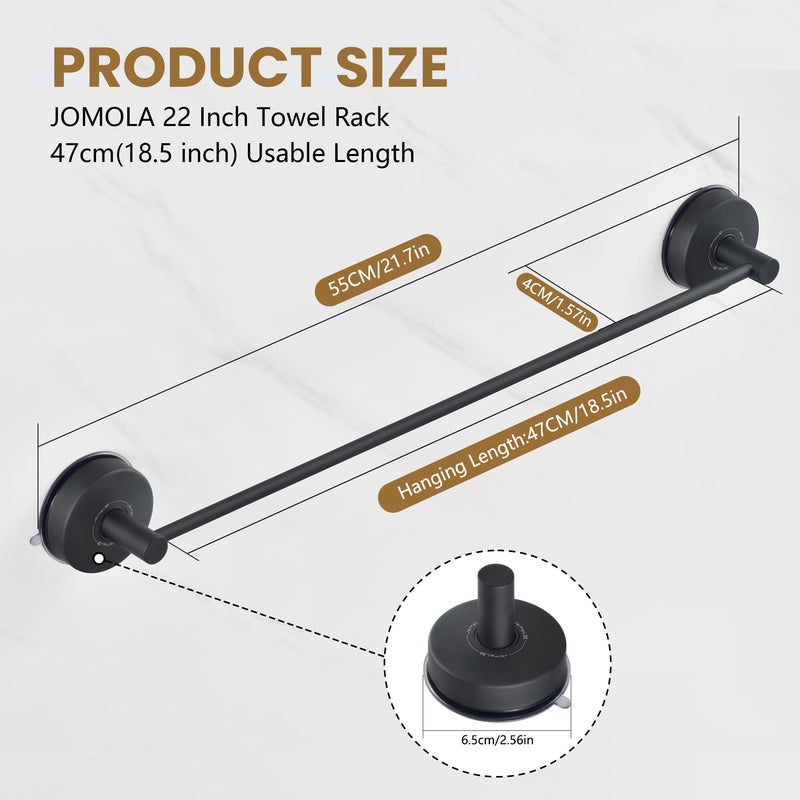 JOMOLA Towel Bar Suction Hand Towel Rack for Bathroom Stainless Steel Kitchen Towel Rail Holder Storage Hanger No Drilling Towel Bar Matte Black,22 inches 22 inch