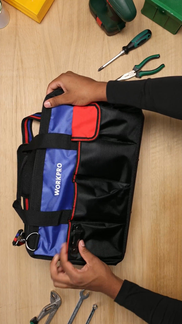 WORKPRO Tool Bag, 18 Inch Tool Bag with Waterproof Molded Base, Open Top Tool Organizer Bag with 20 Pockets, Adjustable Shoulder Strap
