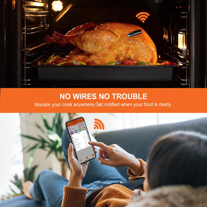 Wireless Meat Thermometer – Digital Cooking Thermometer with Wireless Probe – 500Ft Remote Range Food Thermometer – with iOS & Android Read App -Preprogrammed Temperatures for BBQ, Oven, Grill tangerine
