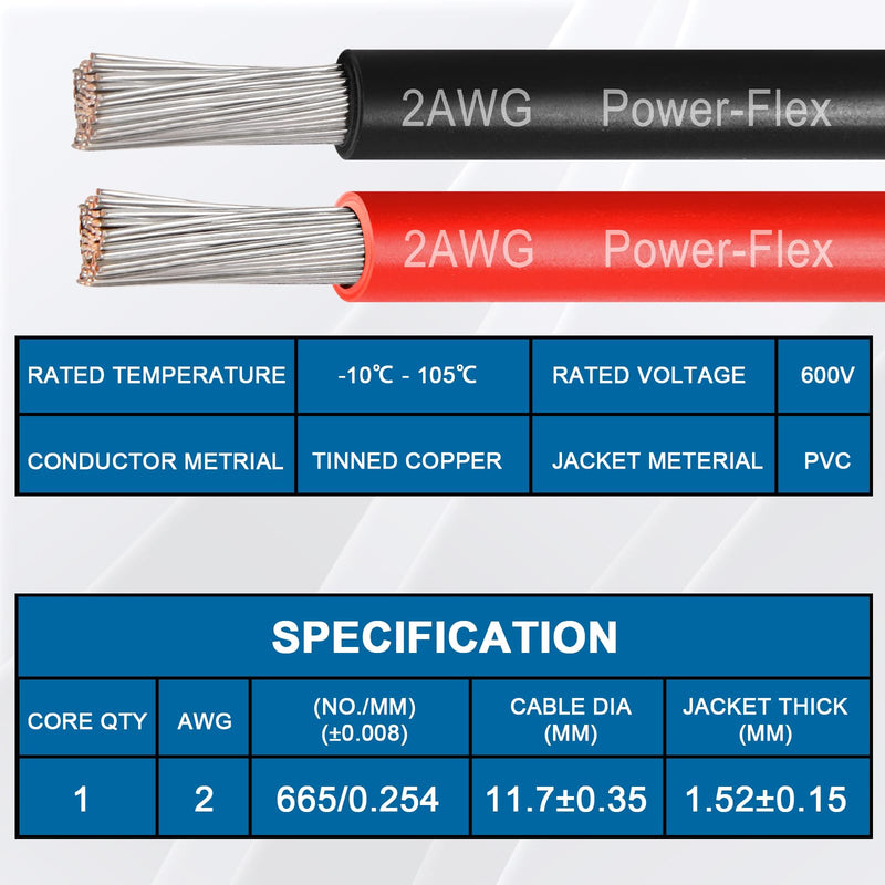 2 Gauge Marine Wire, 2 AWG Tinned Copper Electrical Wire, Boat Cable for Automotive, Solar, Car Audio, Trailer, Camper & Marine Wiring(2 AWG, 3FT Red + 3FT Black) 3 FT 2 Gauge