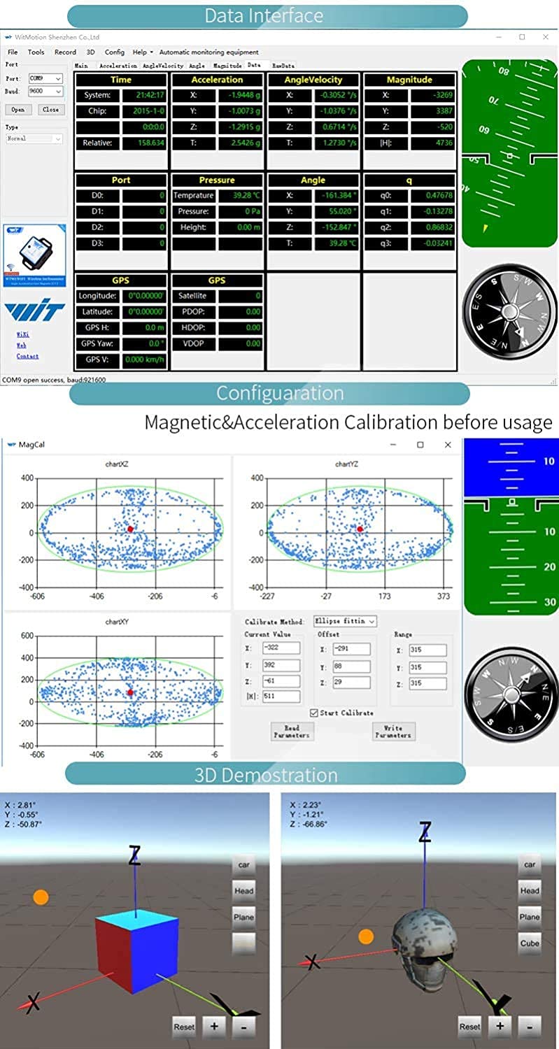 【9-axis vibration inclinometer WT901C-232】High stability acceleration+gyro+angle (XY 0.05° accuracy) + digital compass, three-axis MPU9250 gyroscope sensor【Kalman filtering】