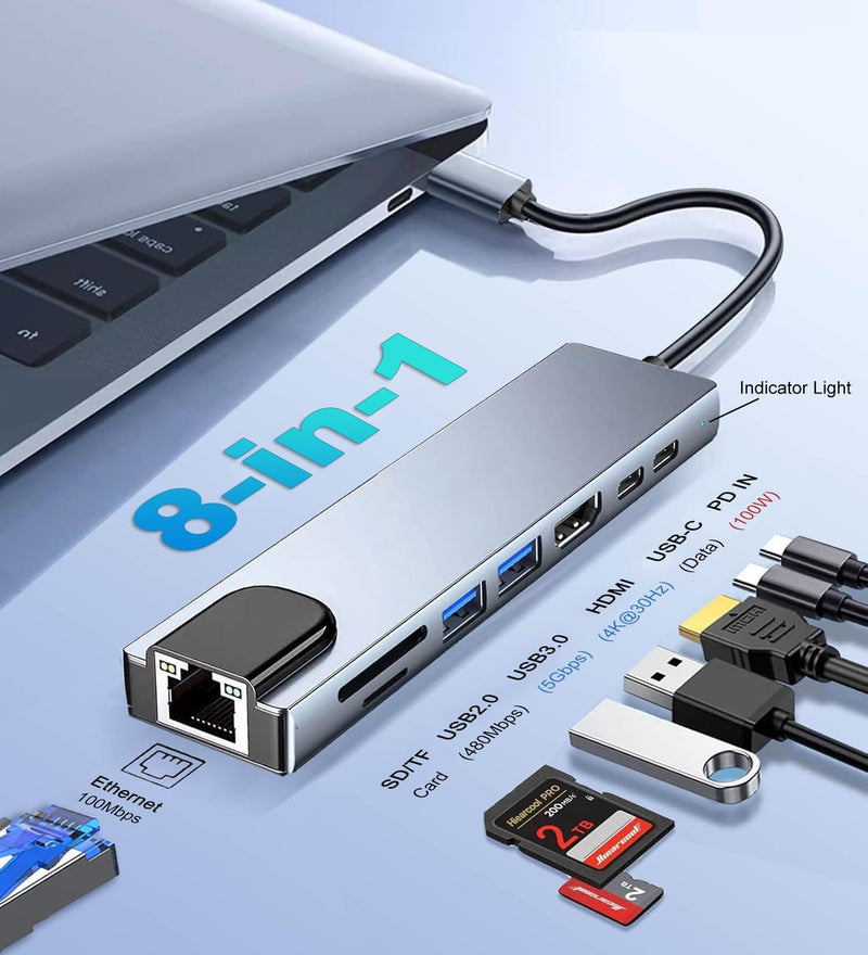 USB C Hub 8 in 1, RJ45 Ethernet Multi Port Adapter, with SD/TF Card Slot, 4K HDMI, USB 3.0/2.0, RJ45, 100W PD, USB C Port, Docking Station for MacBook Pro/Air, iPad Pro, Laptops