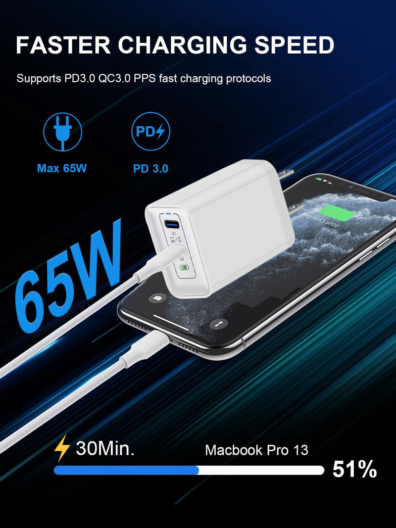 65W USB C Charger Block, GaN USB C Wall Charger, 2-Port Type C Compact Foldable Fast Charging Adapter for MacBook Pro/Air, iPhone 8-16, iPad Pro/Air, Apple Watch, Galaxy S20-24, etc