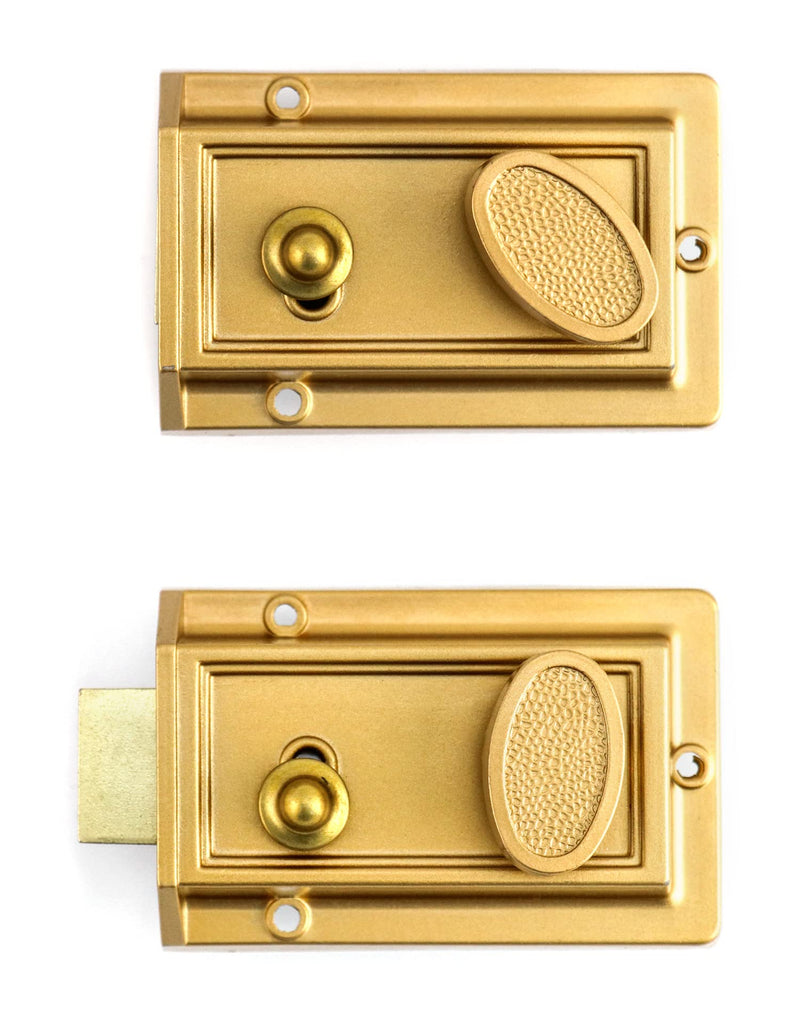 QWORK Night Latch Deadbolt Rim Lock with Key, 2Pack Gold Finish Antique Style Lock with Front Door Key