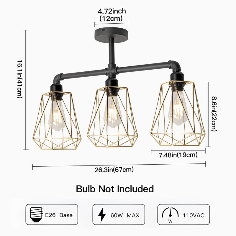 SEEBLEN 3-Lights Modern Semi Flush Mount Ceiling Light Gold,Industrial Hallway Light Fixtures Ceiling Mount Farmhouse Chandelier Ceiling Light for Kitchen Island Dining Room Hallway Porch Foyer. 3-light（A）