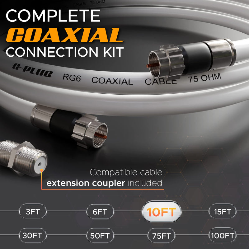 G-PLUG 10FT RG6 Coaxial Cable Connectors Set – High-Speed Internet, Broadband and Digital TV Aerial, Satellite Cable Extension – Weather-Sealed Double Rubber O-Ring and Compression Connectors White 10 FT