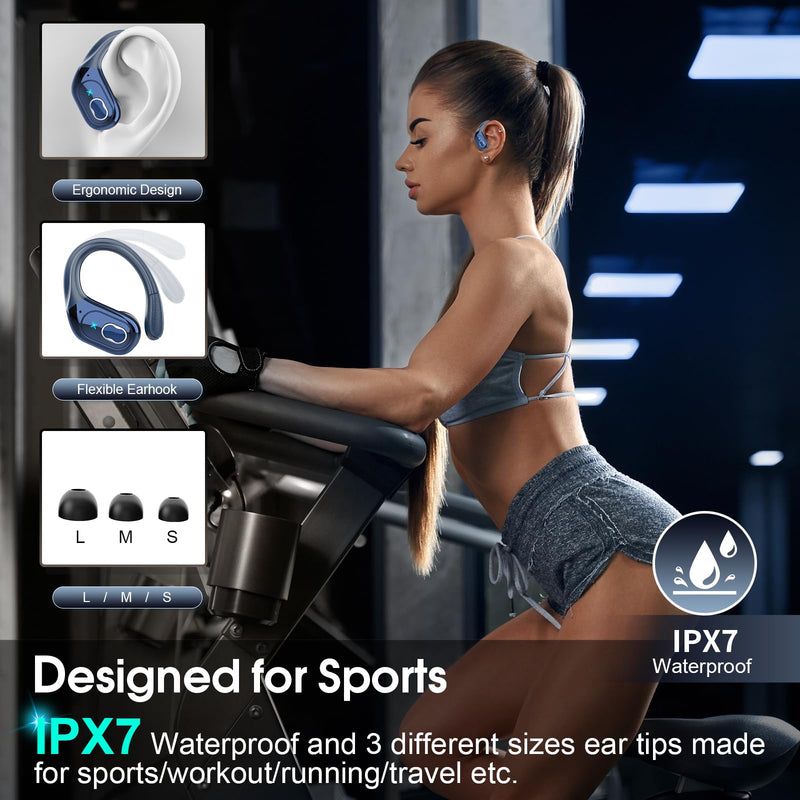 Wireless Earbuds 75hrs Bluetooth 5.3 Headphone Sport, 2025 Bluetooth Earbuds Stereo Deep Bass Over Ear Bud with Earhooks, ENC Noise Cancelling Mic, IPX7 Waterproof Earphone, Royal Blue