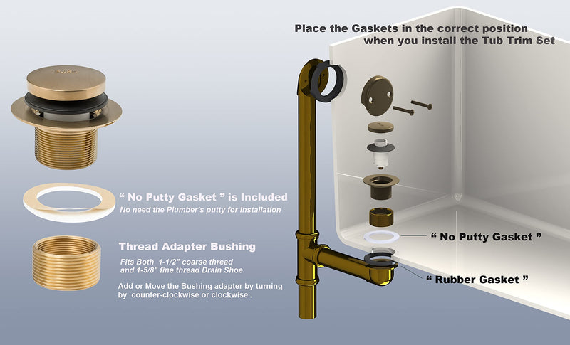 Tip-Toe Tub Trim Set with Two-Hole Overflow Faceplate and No Plumber’s Gasket, Replacement Bath Drain Trim Kit with Universal Fine/Coarse Thread, No Putty Installation by Artiwell (Champagne Bronze) Champagne Bronze