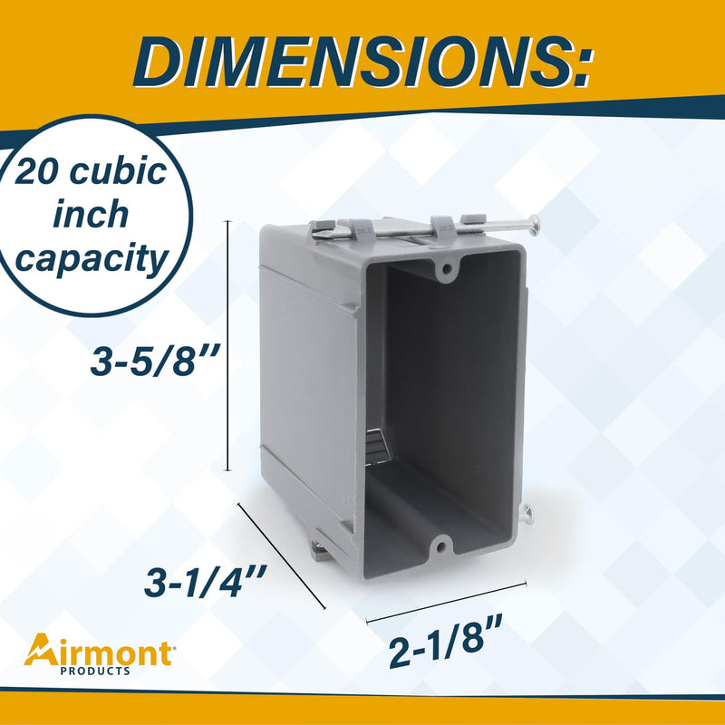 (Pack of 16) Plastic Electrical Box, Grey Outlet Box, Single Gang New Work Junction Box, Captive Nails, 20 cu. Inches, Length 3-5/8'', Width 2-1/8'', Depth 3-1/4''