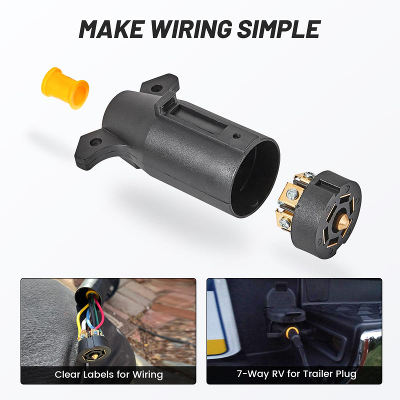 RV 7 Pin Trailer Plug Splice-in Replacement Trailer Side Male End 7 Way Round RV-Style Trailer Light Wiring Harness Connector, Heavy Duty 7 Prong Trailer Wiring Tow Plug for RV Boat Trailer