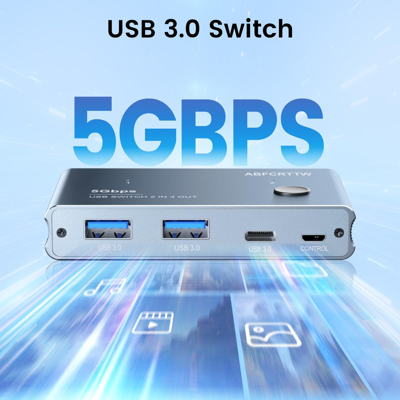 USB 3.0 Switch 2 in 4 Out with Desktop Controller, Aluminum USB Switch for 2 Computers with 1xUSB C Port and 3xUSB A Ports, 2 USB A to A Cables for Mouse, Keyboard, Printer, Webcam, U-Disk