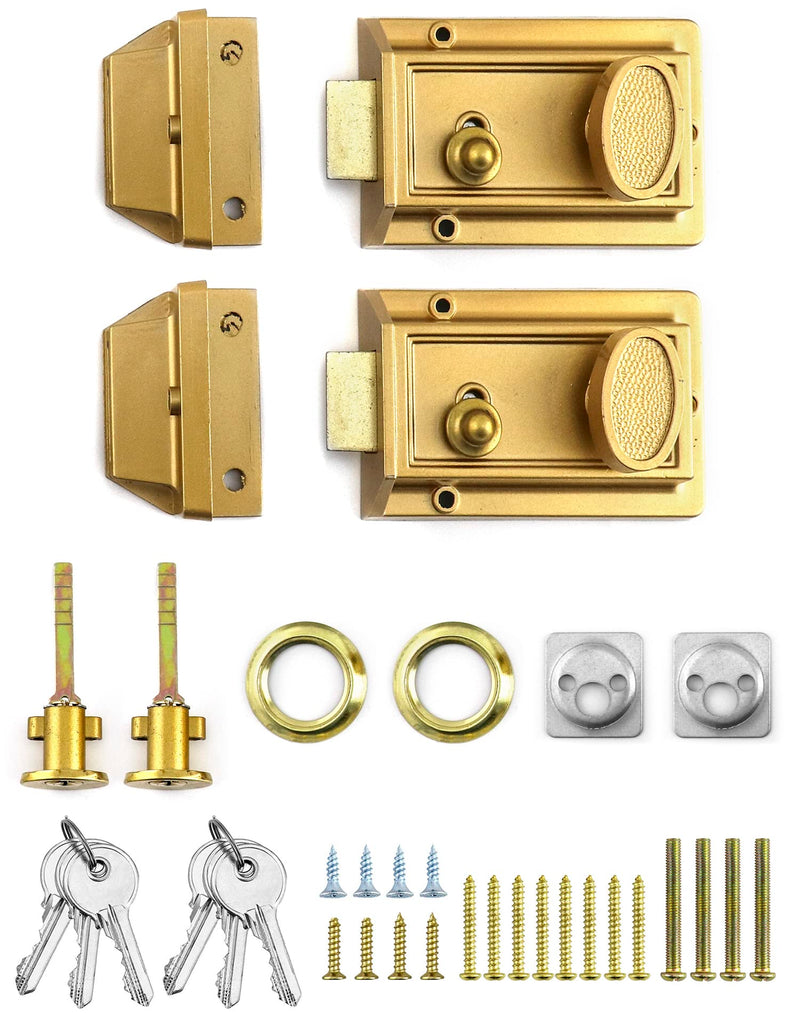 QWORK Night Latch Deadbolt Rim Lock with Key, 2Pack Gold Finish Antique Style Lock with Front Door Key