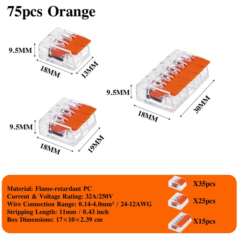 75 Pieces Cable Connector Set, 2/3/4/5 Pin Cable Clamps Electric Terminals, 12-24 AWG Connection Terminals Set, Current Clamps for Fixed & Flexible Cable Connectors, 2-5 Conductors
