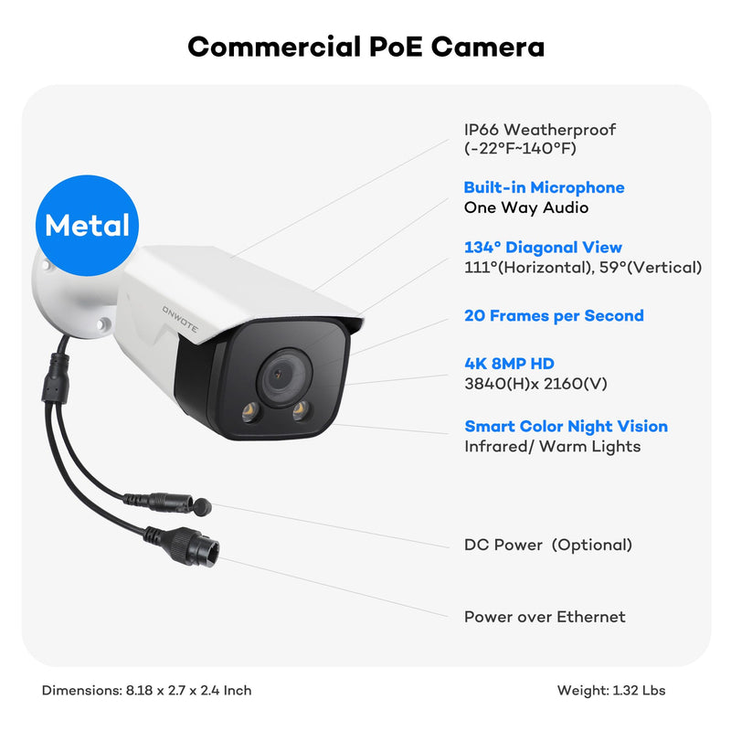 ONWOTE 4K 8MP PoE IP Camera, Smart AI Human Vehicle Detection Activate Bright Spotlights, 134° Wide Viewing Angle, Indoor/Outdoor, Commercial Wired Camera for Business, Add-on to PoE NVR System
