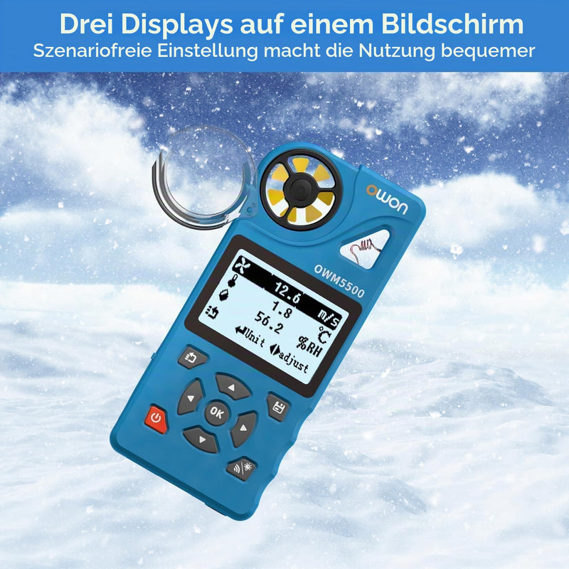 OWON OWM5500 Digital Anemometer: Handheld HVAC Tool for Precise CFM Air Flow Measurement, Wind Speed Measurement, Temperature and Humidity Monitoring with USB Sync to PC