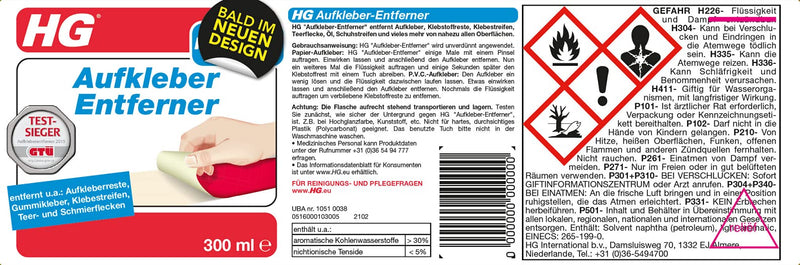 HG sticker and adhesive residue remover, effective agent for removing labels, stickers, tar and grease stains as well as oil and heel marks - 300 ml sticker remover
