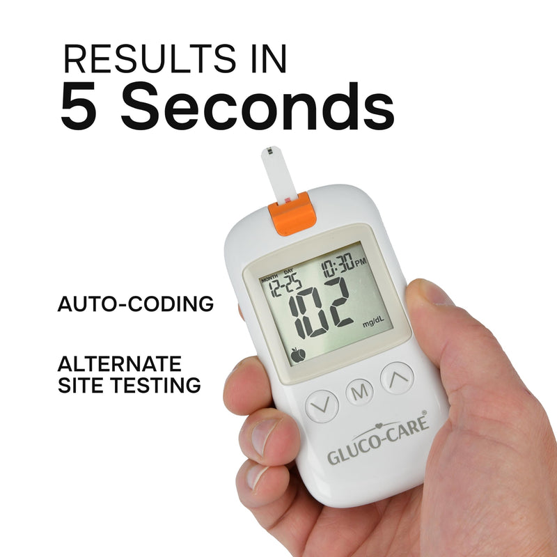 GLUCO-CARE Gluco-Care Glucose Monitor Kit - Sleek White Design, Clear Display, Auto Calibration, Glucometer Kit with Strips and Lancets, 5 Sec Results, 500 Memory, Travel Case, 1 Lancing Device, Convenient Blood Surgar Testing for Diabetes
