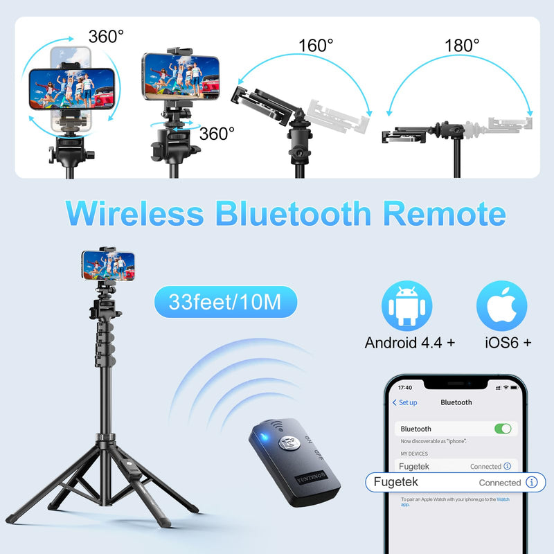 Fugetek 62" Professional Cell Phone Tripod, Ultra Stable 4 Leg Design, Bluetooth Remote, 100% All Aluminum Stick & Legs, Portable All in One, 360° Phone Mount with 2 Cold Shoe Slots, Non Skid Feet Quadrapod