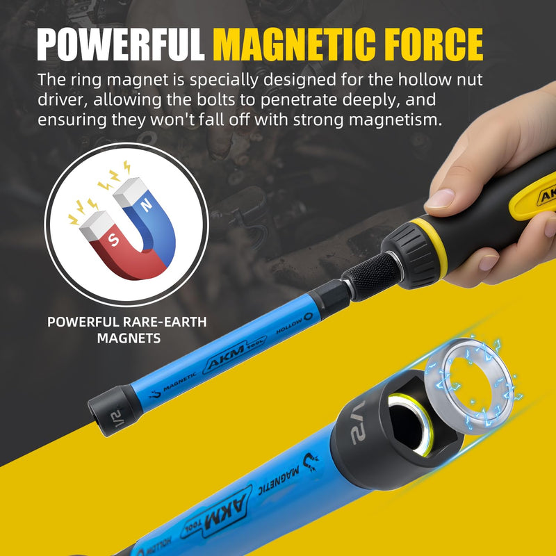 6 PCS Hollow Nut Driver Set, Magnetic nut driver set, Hollow Shaft Nut Driver Set, SAE, Color Coded, Hex Sizes, 1/4 to 9/16-Inch, Nut Setter, Hollow Nut Driver with 5-Inch Extended Reach 6 Pcs Hollow Magnetic Nut Driver