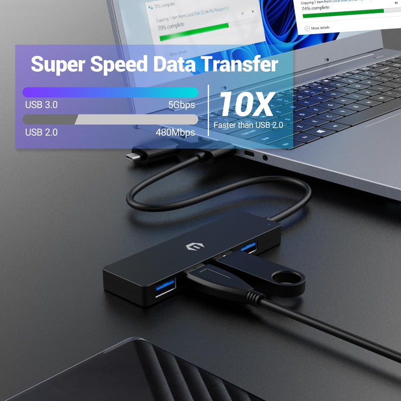 USB Hub, 4-Port USB 3.0 Hub, Instant Plug and Play Convenience, with a 4 Port USB 3.0 Hub Delivering 5Gbps Transfer Speed and USB to USB C Adapter, Compatible with Mac Air/Pro, HP, and More