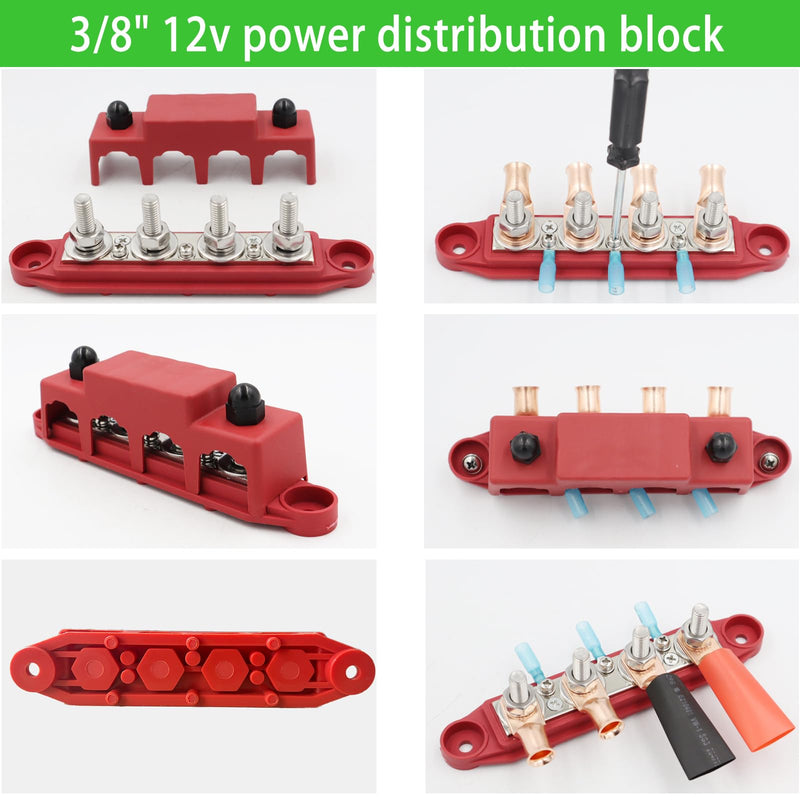 250A 12V BusBar 3/8" Power Distribution Block 4 Studs Junction Block Automotive Marine Battery Busbar Terminal Block with Cover 12 Volt Negative&Positive