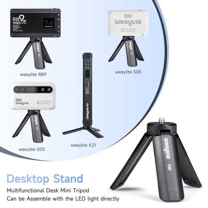 1/4 Mini Tripod, Tabletop Desktop Stand Compact Tripod with 1/4" Screw for weeylite K21 Stick Light, S03/S05 Pocket Photo Light, Camera, Smooth 4, Osmo Mobile, Vimble 2, Gimbal Handle Grip Stabilizer C01