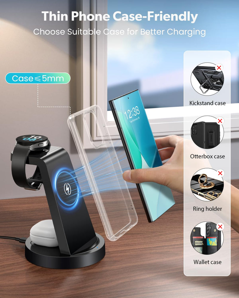 Wireless Charger for Samsung: 3 in 1 Wireless Charging Station for Samsung Galaxy Watch 6 5 4 3 Pro Classic Galaxy Buds - Charger Dock Stand for S24 Ultra S23 S22 S21 S20 Note 20 10 Z Fold Android Black