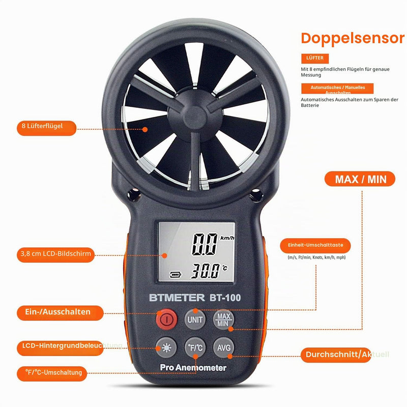 BTMETER BT-100 Wind Gauge, Digital Anemometer with Temperature (℃/℉), 5 Units for HVAC Ventilation, Drone Flight Shooting, Surfing
