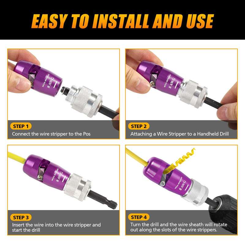 Wire Stripper for Drill, Professional Cable Stripping Tool for AWG 6-8-10-12-14 Gauge, Includes 5 Pcs Wire Strippers, 2 Pcs Wire Twisters, 5 pcs Wire Nuts