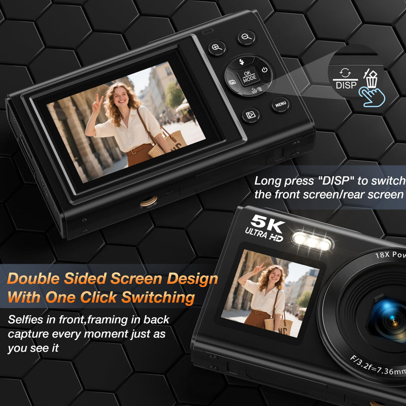 Dual Screen 5K Digital Camera for Vlogging, 80MP WiFi Camera with Front Display, 18X Zoom, Fill Light, Includes 64GB Card & 2 Batteries S150PRO